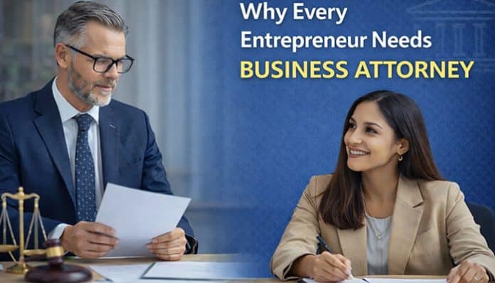 Why Every Entrepreneur Needs a Business Attorney: A business attorney consulting with an entrepreneur in an office setting, discussing legal strategies for business success.