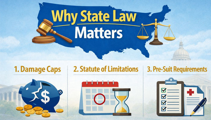 Why State Law Matters - My legal Opinion - My Legal Opinion Infographic explaining why state law matters in Average medical malpractice settlement cases, covering damage caps, statute of limitations, and pre-suit requirements.