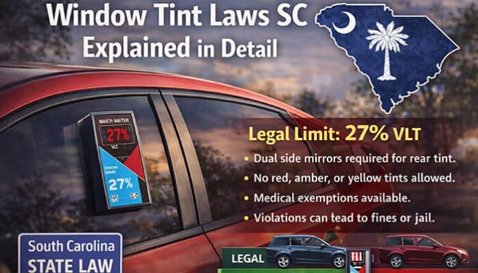 Window Tint Laws SC explained in detail with legal tint limits, VLT requirements, medical exemptions, and information about dual side mirrors and prohibited colors.