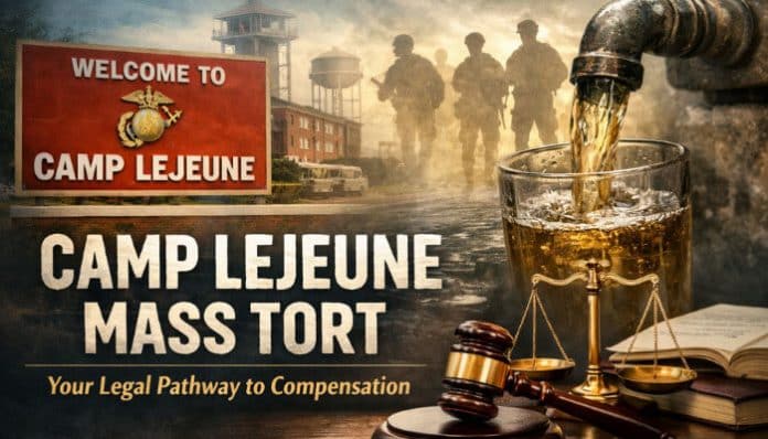 Welcome to Camp Lejeune sign with a background depicting soldiers, contaminated water flowing from a pipe, and legal scales, symbolizing the Camp Lejeune Mass Tort lawsuit and its legal pathway to compensation.