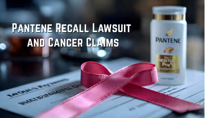 Pantene Lawsuit- Mylegalopinion - My Legal Opinion Pantene Lawsuit: Image showing Pantene Daily Moisture shampoo bottle and a pink awareness ribbon placed on a document with the text 'Pantene Recall Lawsuit and Cancer Claims in the foreground.