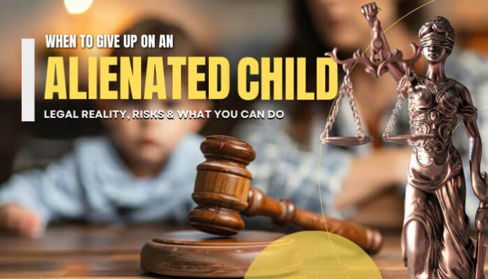 Legal guidance on 'When to Give Up on an Alienated Child,' featuring scales of justice and a gavel, with focus on legal risks and actions.