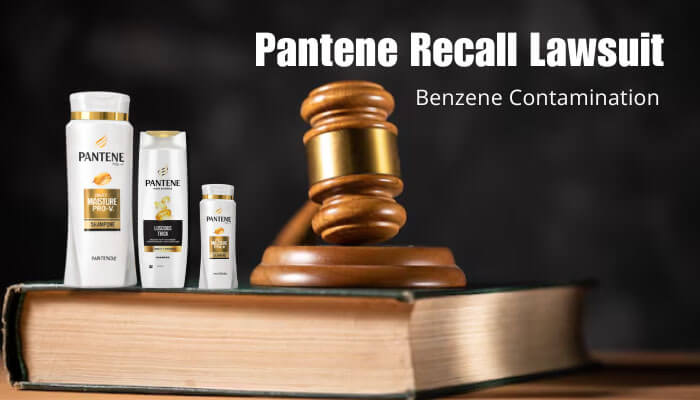 Pantene Lawsuit- Mylegalopinion - My Legal Opinion Pantene Lawsuit: Image showing Pantene shampoo bottles with a gavel on a law book, accompanied by text 'Pantene Recall Lawsuit - Benzene Contamination' in the background.