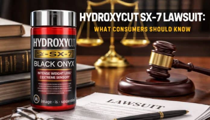 Hydroxycut SX-7 Lawsuit: Intense Weight Loss Supplement and Legal Implications with a gavel and lawsuit documents.
