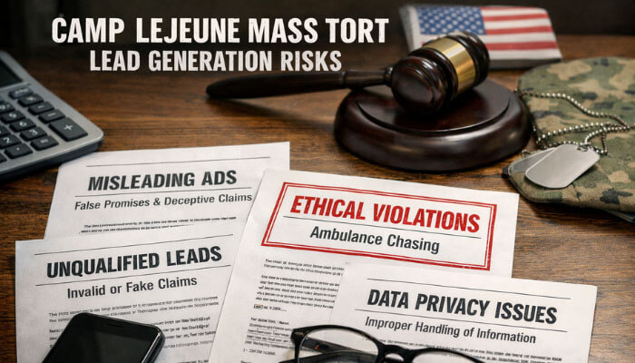Camp Lejeune Mass Tort -mylegalopinion - My Legal Opinion Documents highlighting risks in Camp Lejeune Mass Tort lead generation, including misleading ads, unqualified leads, ethical violations, and data privacy issues, with a gavel, American flag, and military gear in the background.