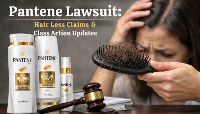Pantene Lawsuit: Hair loss claims and class action updates with a gavel, Pantene shampoo and conditioner bottles, and a woman examining hair on a hairbrush.