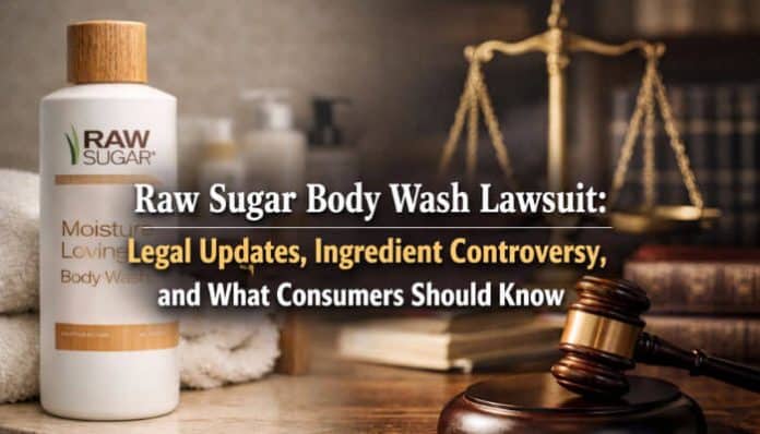 Raw Sugar Body Wash Lawsuit concept image featuring a Raw Sugar body wash bottle beside a judge’s gavel and scales of justice, symbolizing legal updates and ingredient controversy.