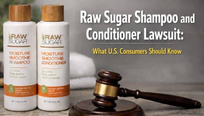 Raw Sugar shampoo and conditioner bottles next to a judge’s gavel representing the Sugar shampoo and conditioner lawsuit and what U.S. consumers should know.
