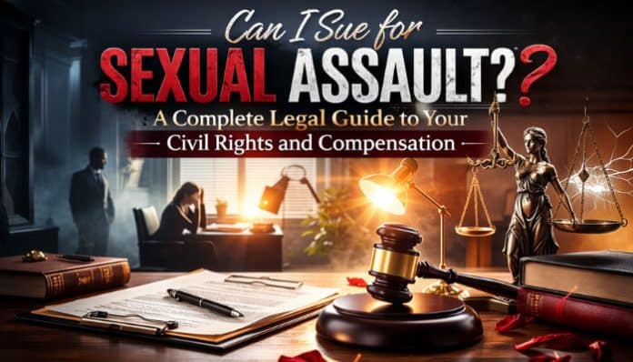 Can I sue for sexual assault? A comprehensive legal guide featuring a gavel, Lady Justice statue, law office setting, and legal documents, symbolizing civil rights and compensation for sexual assault victims.