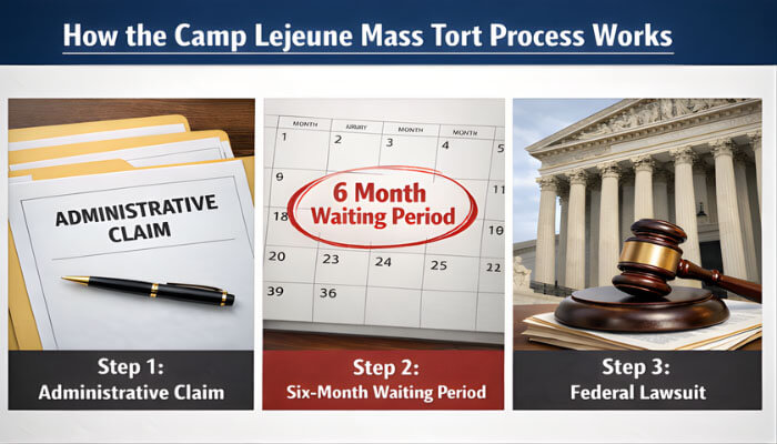 Camp Lejeune Mass Tort - mylegalopinion - My Legal Opinion Illustration of the Camp Lejeune Mass Tort process, showing three steps: Step 1 - Administrative Claim, Step 2 - Six-Month Waiting Period, and Step 3 - Federal Lawsuit, with corresponding visuals of documents, a calendar, and a courthouse.