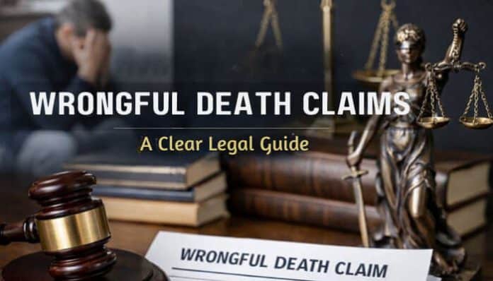 How Do You Prove Wrongful Death? A legal guide featuring a gavel, wrongful death claim document, and Lady Justice statue, with a grieving person in the background.