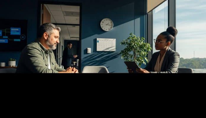 A workers' compensation consultation in Georgia. A man discusses his claim with a legal advisor in a professional office setting.