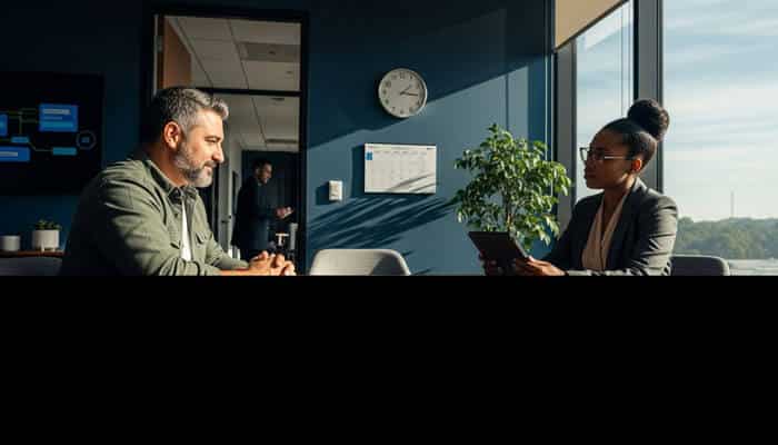 A workers' compensation consultation in Georgia. A man discusses his claim with a legal advisor in a professional office setting.