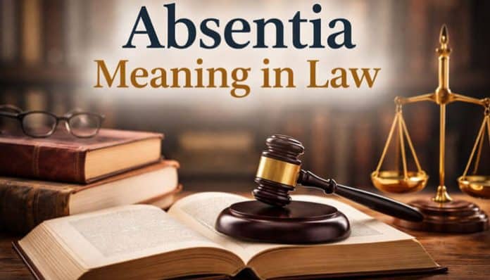 Absentia Meaning in Law concept with legal books, gavel, and justice scale representing court procedures