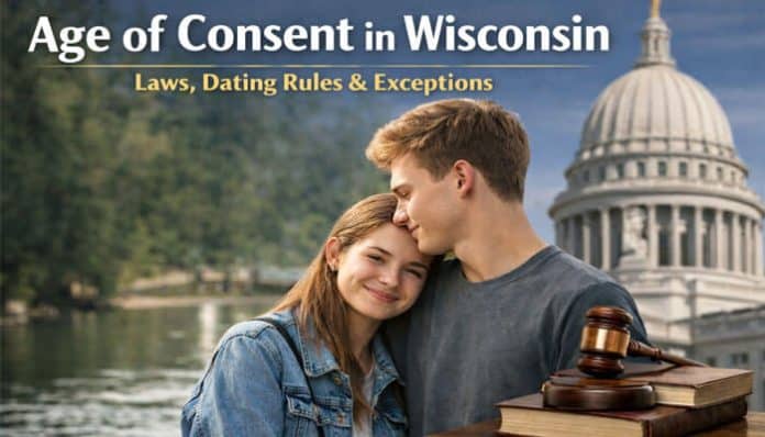Age of Consent in Wisconsin: Laws, Dating Rules & Exceptions - Image showing a couple with a gavel and Wisconsin state capitol in the background.