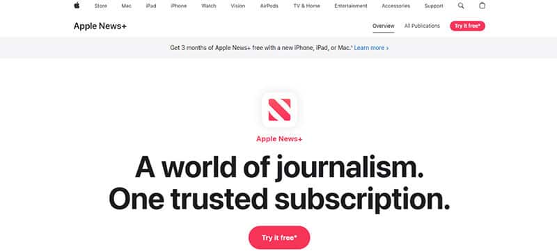 Apple News Best for Apple users in supported regions - My Legal Opinion - My Legal Opinion Apple News+ subscription page showcasing the headline ‘A world of journalism. One trusted subscription,’ highlighting the benefits of Apple News+ for users in supported regions. The image features an invitation to try Apple News+ for free, emphasizing its value in offering trusted journalism and access to premium content for Apple device users.