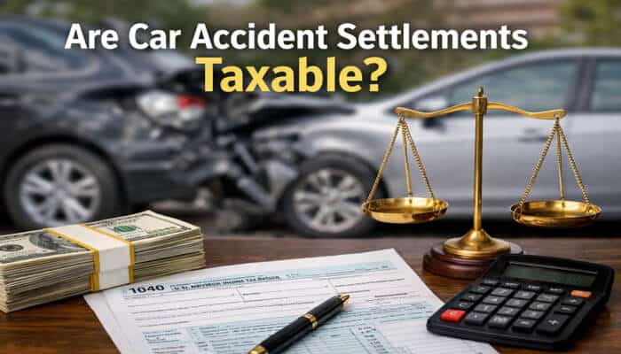 Image showing the question 'Are Car Accident Settlements Taxable?' with a car accident scene, a tax form (1040), calculator, cash, and scales of justice, depicting the tax implications of car accident settlements.