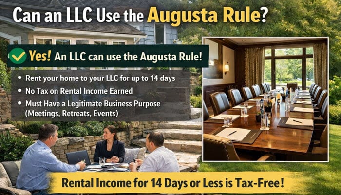 Augusta Rule Tax Deduction Can an LLC Use the Augusta Rule - My Legal OPinion - My Legal Opinion The Augusta Rule Tax: An LLC can utilize the Augusta Rule to rent property for up to 14 days, tax-free, if the rental serves a legitimate business purpose such as meetings or events. No IRS reporting is required for rental income under this provision.