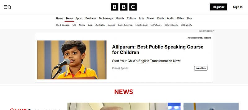 BBC News Best for global and live coverage - My Legal Opinion - My Legal Opinion BBC News homepage displaying a news article with coverage of global events, including a highlighted advertisement for Allipuram's public speaking course for children. The screen features live updates on breaking news and a variety of news categories from around the world, with a focus on global and live coverage.