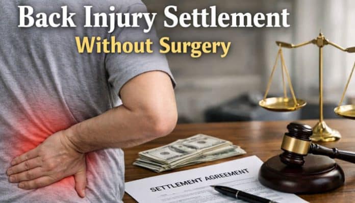 Person holding lower back pain beside legal documents and money representing a Back Injury Settlement Without Surgery for non-surgical injury compensation.