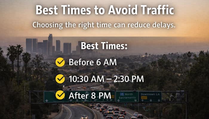 Best Times to Avoid Traffic - My Legal Opinion - My Legal Opinion An infographic with a photo of a Los Angeles freeway during sunset, highlighting the best times to avoid traffic: before 6 AM, 10:30 AM – 2:30 PM, and after 8 PM, with checkmarks next to each time range.