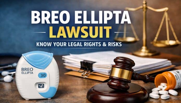 Breo Ellipta Lawsuit - Know your legal rights and risks with a background of law books, a gavel, and medication bottles.