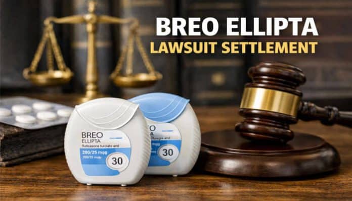 Breo Ellipta Lawsuit Settlement: Legal Gavel and Breo Ellipta Inhaler Pack with Text Overlay