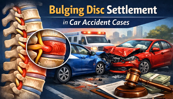 Bulging Disc Settlement in Car Accident Cases - my legal opinion - My Legal Opinion Disc Settlement in Car Accident Cases, showing a car crash scene and spinal injury illustration, emphasizing the factors involved in car accident-related bulging disc settlements.