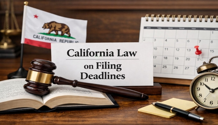 California Law on Filing Deadlines - My Legal Opinion - My Legal Opinion LA Beauty Skin Center Lawsuit concept image showing California legal documents, a judge’s gavel resting on a law book, a pinned calendar marking filing deadlines, and the California flag symbolizing state court procedures related to the LA Beauty Skin Center lawsuit.