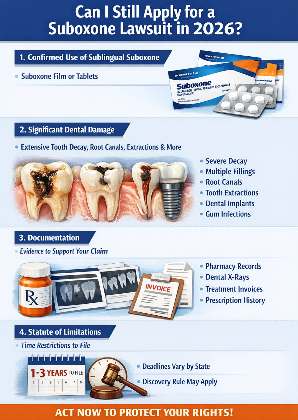Can I Still Apply for a Suboxone Lawsuit in 2026 - My Legal Opinion - My Legal Opinion Can I Still Apply For Suboxone Lawsuit? - Infographic outlining the requirements to apply for a Suboxone lawsuit in 2026, including confirmed use, significant dental damage, necessary documentation, and statute of limitations.
