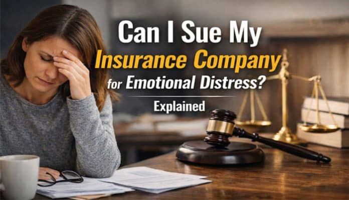 Can I Sue My Insurance Company for Emotional Distress? A woman sitting at a desk, holding her head in distress, with a gavel and scales of justice in the background, symbolizing emotional distress lawsuits against insurance companies.