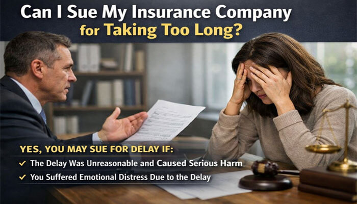 Can I Sue My Insurance Company for Taking Too Long - My Legal Opinion - My Legal Opinion Can I Sue My Insurance Company for Emotional Distress? A frustrated woman holding her head in distress while a man hands her a document, with a gavel and legal books on the desk, symbolizing a lawsuit for emotional distress caused by delayed insurance claims.