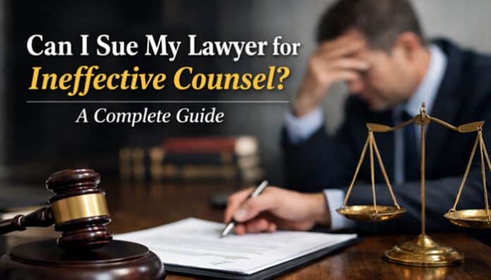 Can I Sue My Lawyer for Ineffective Counsel? Gavel and legal scales on a desk with a distressed lawyer pondering a legal case.