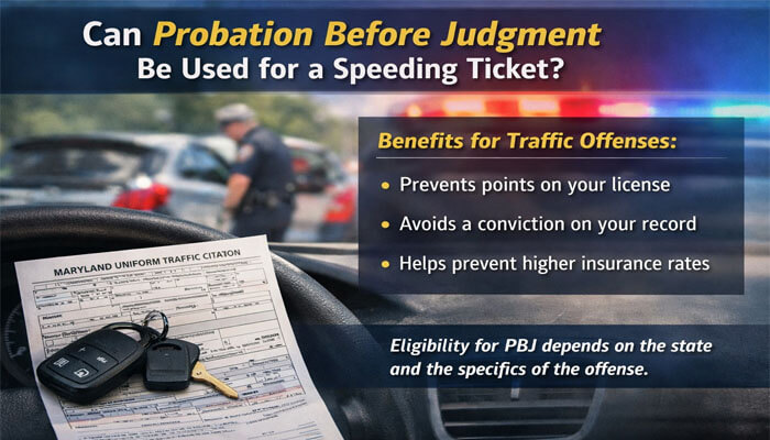 Can Probation Before Judgment Be Used for a Speeding Ticket - My Legal Opinion - My Legal Opinion Infographic explaining how Probation Before Judgment (PBJ) can be used for a speeding ticket, highlighting benefits like preventing points on your license and avoiding a conviction.