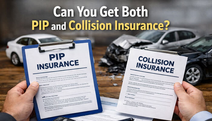 Can You Get Both PIP and Collision Insurance - My Legal Opinion - My Legal Opinion An image showing two insurance documents, PIP Insurance and Collision Insurance, held by a person with a blurred background of a car accident. The text reads: Can You Get Both PIP and Collision Insurance? Does PIP Cover Car Damage