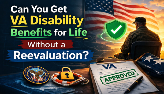 Can You Get VA Disability Benefits for Life Without a Reevaluation - my legal opinion - My Legal Opinion Can You Get VA Disability Benefits for Life Without a Reevaluation? Image of a soldier with a green shield checkmark, VA-approved document, and military insignia, with a U.S. flag in the background.