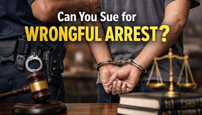 Can You Sue for Wrongful Arrest? A police officer detains an individual in handcuffs, with a gavel and legal books in the background, symbolizing the wrongful arrest claim process.