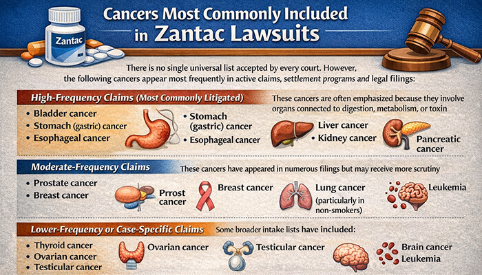 Cancers Most Commonly Included in Zantac Lawsuits - My Legal Opinion - My Legal Opinion What Cancers Qualify For Zantac Lawsuit: Infographic showing the most common cancers included in Zantac lawsuits, including high-frequency claims like bladder, stomach, esophageal, liver, and pancreatic cancers, moderate-frequency claims such as prostate and breast cancers, and lower-frequency claims like ovarian, testicular, and brain cancers.