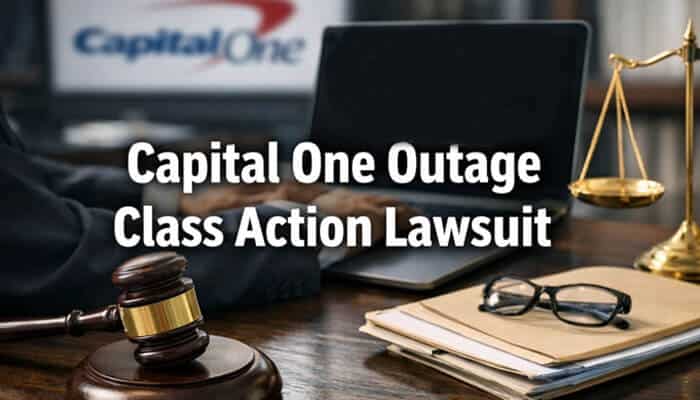 Capital One Outage Class Action Lawsuit: Legal gavel on desk with Capital One logo behind, symbolizing the lawsuit's serious legal implications.