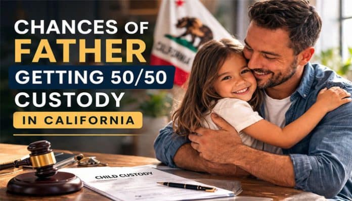 Father happily holding daughter at a divorce custody desk with child custody documents, illustrating the chances of father getting 50/50 custody in California family court.