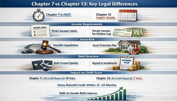 Chapter 7 vs Chapter 13 Key Legal Differences - My Legal Opinion - My Legal Opinion Visual comparison of Chapter 7 vs Chapter 13 bankruptcy, highlighting key legal differences such as speed, income requirements, asset risk, debt structure, and impact on credit score. The image includes symbols like a clock, gavel, house, and credit report to represent these factors.