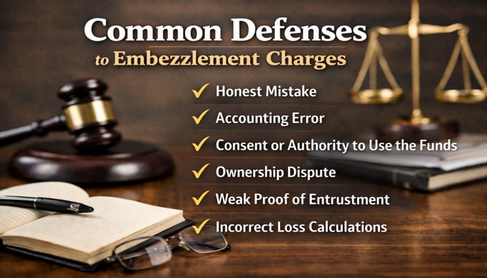 Common Defenses to Embezzlement Charges - My Legal Opinion - My Legal Opinion Defenses to embezzlement charges: honest mistake, accounting error, consent, ownership dispute, weak proof, and incorrect loss calculations. Is embezzlement a felony?