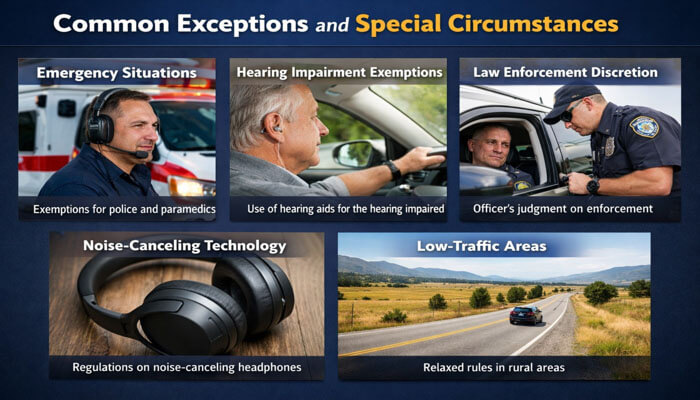 Common Exceptions and Special Circumstances - My Legal Opinion - My Legal Opinion Image depicting common exceptions and special circumstances for wearing headphones while driving. It includes emergency situations, hearing impairment exemptions, law enforcement discretion, noise-canceling technology regulations, and relaxed rules in low-traffic areas, addressing situations where driving with headphones may be permissible.