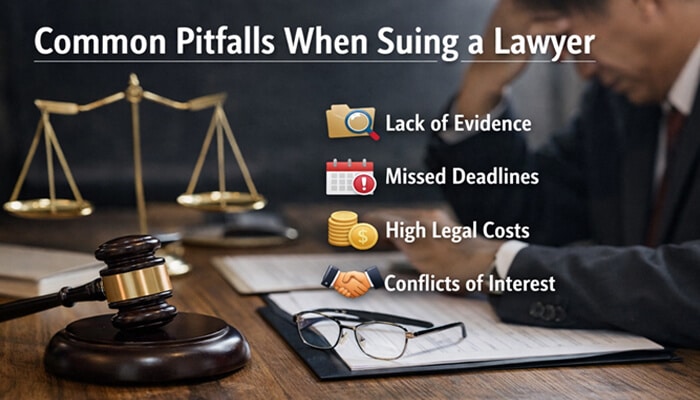 Common Pitfalls When Suing a Lawyer - My Legal Opinion - My Legal Opinion Can I Sue My Lawyer for Ineffective Counsel? Common pitfalls in legal malpractice cases, showing issues like lack of evidence, missed deadlines, and high costs.