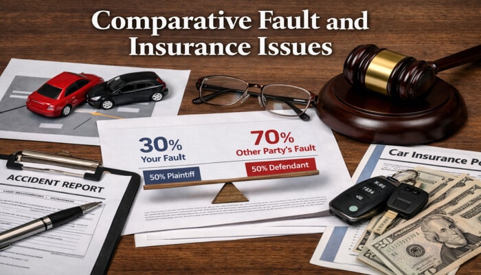 Comparative Fault and Insurance Issues - My Legal Opinion - My Legal Opinion Gavel, car accident report, car keys, and insurance documents with a chart illustrating fault percentages, featuring the text Comparative Fault and Insurance Issues with a focus on 'Is It Illegal to Drive Barefoot in Florida?