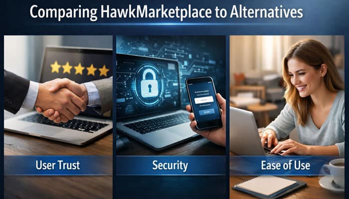 Comparison with HawkMarketplace - My Legal Opinion - My Legal Opinion Is HawkMarketplace.com Legit comparison image showing HawkMarketplace vs alternatives evaluating user trust, security and ease of use with handshake, secure login and laptop user visuals to analyze platform legitimacy.