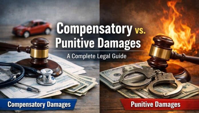 Compensatory vs Punitive Damages - A Complete Legal Guide. The image illustrates the difference between compensatory damages, which are designed to reimburse victims for their losses, and punitive damages, intended to punish defendants for wrongful behavior. The left side depicts medical and accident-related compensatory damages, while the right side shows punitive damages related to criminal or severe misconduct.