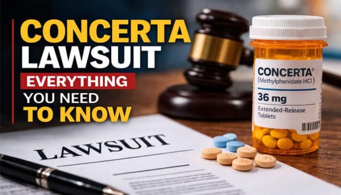 Concerta Lawsuit: A bottle of Concerta medication and a gavel placed on top of a lawsuit document, highlighting everything you need to know about Concerta-related legal cases.