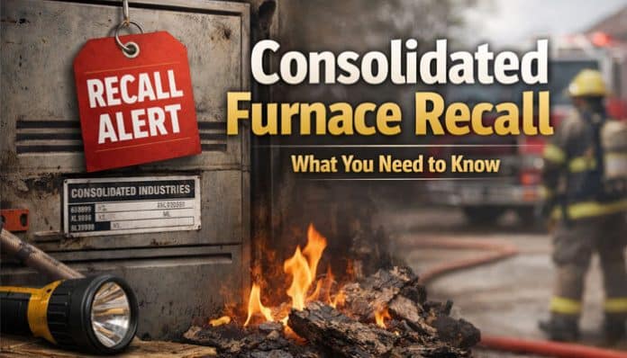 Consolidated Furnace Recall alert showing a furnace with a red warning tag, flames, and a flashlight, highlighting safety risks. Learn about the recall's potential fire hazards, how to identify affected units, and the necessary steps for homeowners.