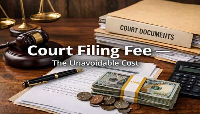 Court Filing Fee The Unavoidable Cost - My Legal Opinion - My Legal Opinion Court Filing Fee — The Unavoidable Cost. Illustration of court documents, gavel, money, and calculator, emphasizing the costs involved in court filing and how they are unavoidable in legal procedures.